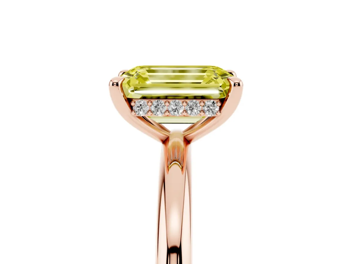 Fancy Yellow Emerald Cut Diamond Solitaire Ring with Thin Band and Four-Prong Setting Rose gold