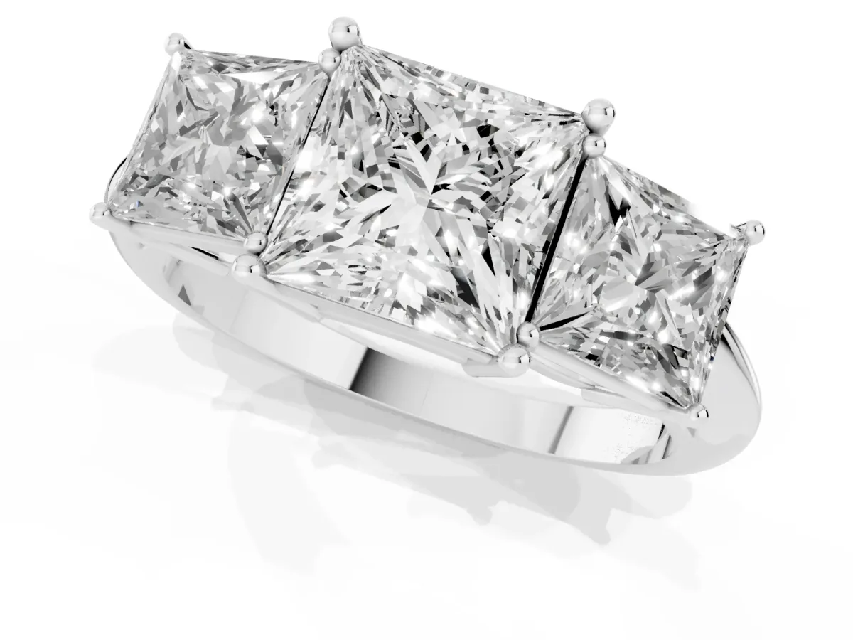 Three-Stone Princess Cut Cut Diamond Engagement Ring with Prong Setting on a White Gold Band Silver