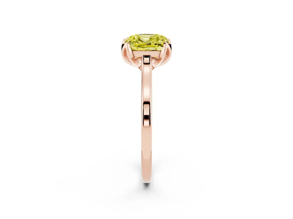 Fancy Yellow Cushion Cut Diamond Solitaire Ring with Flower Prong Setting and Classic Band Rose gold