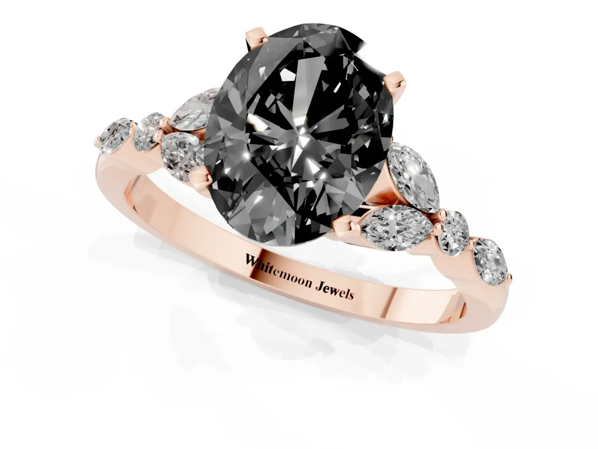Fancy Black Oval Cut Diamond Solitaire Ring with Side Stones and Four-Prong Setting Rose gold