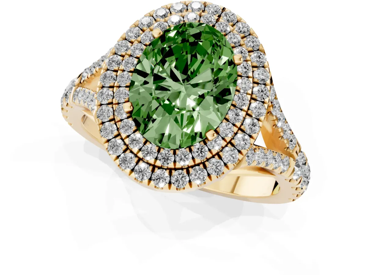 Fancy Green Oval Cut Diamond Pavé Split Shank Double Halo Engagement Ring Yellow gold