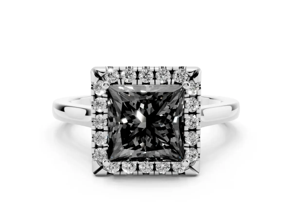 Fancy Black Princess Cut Halo Round Diamond Solitaire Ring with Pavé Band and Four-Prong Setting White gold