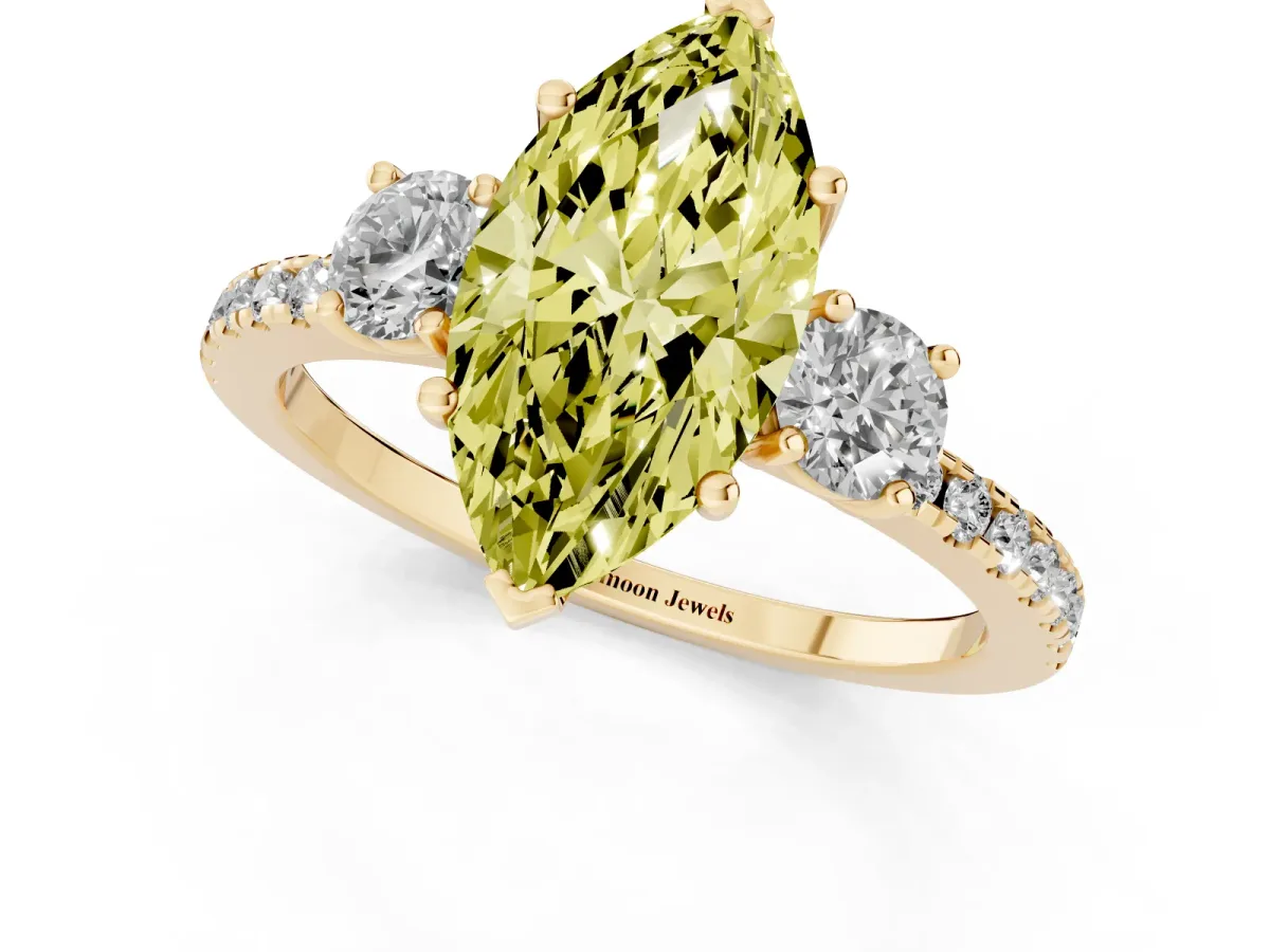 Fancy Yellow Three-Stone Marquise Cut Cut Diamond Pavé Band with Prong Setting Yellow gold