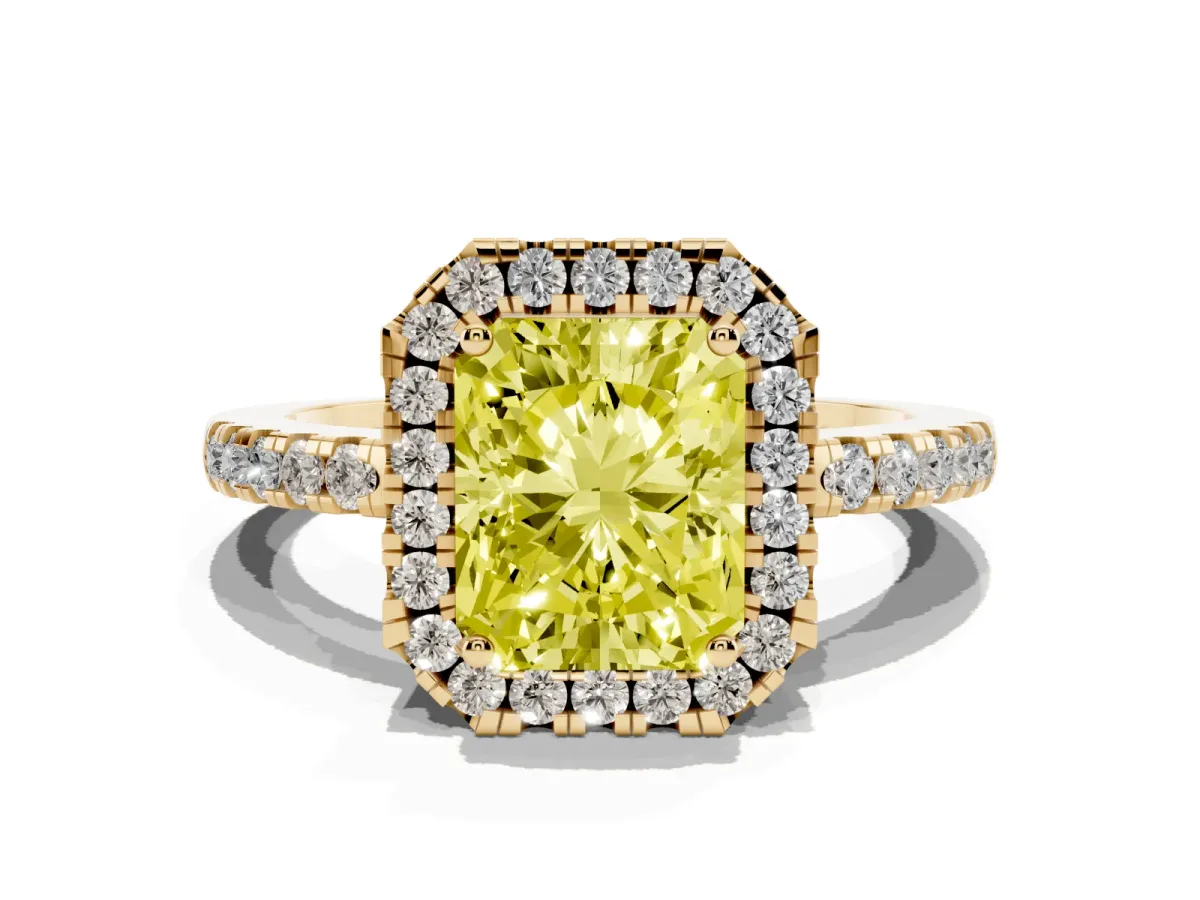 Fancy Yellow Radiant Cut Halo Diamond Engagement Ring with Pavé Band and Four-Prong Setting Yellow gold