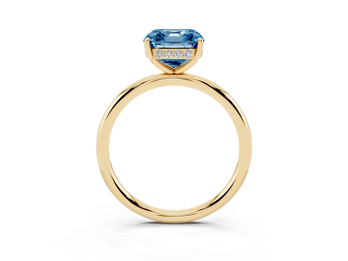 Fancy Blue Asscher Cut Solitaire Diamond Ring with a Classic Band and Four-Prong Setting Yellow gold