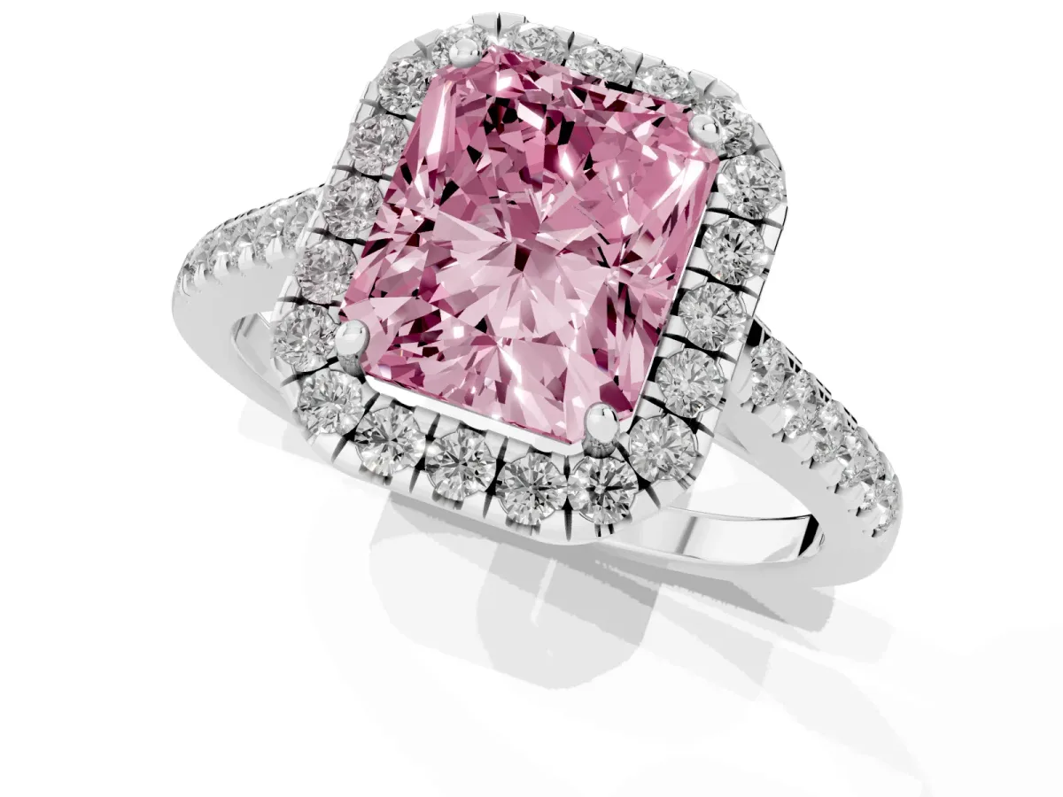 Fancy Pink Radiant Cut Halo Pave Diamond Engagement Ring with Four-Prong Setting Platinum