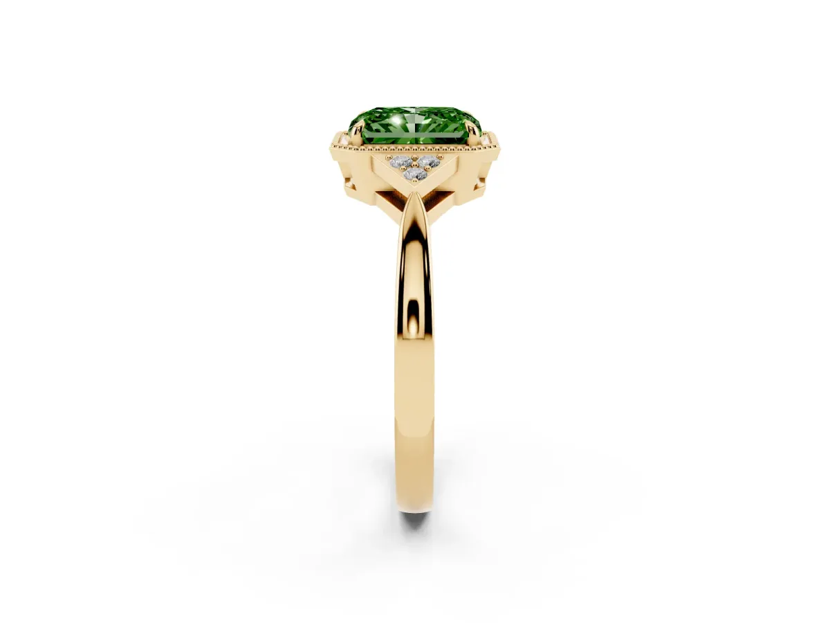 Fancy Green Radiant Cut Diamond Halo Ring with Tapered Band and Four-Prong Setting Yellow gold