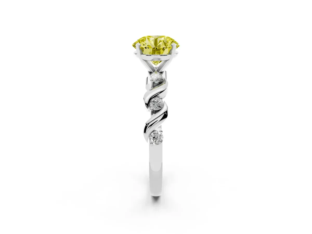 Fancy Yellow Round Cut Diamond Solitaire Twisted Band with Round Accents and Prong Setting Silver