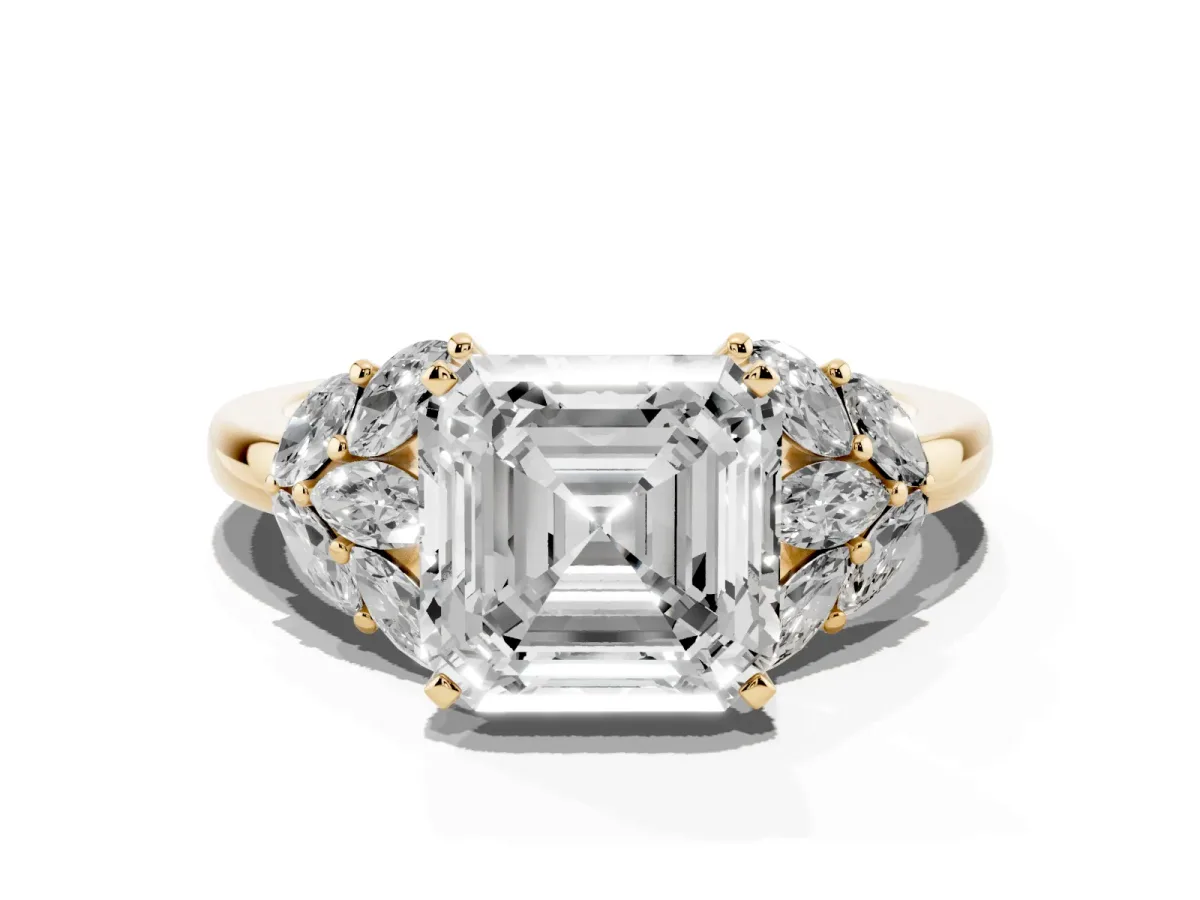 Asscher Cut Diamond Cluster Leaf Design Ring with Prong Setting Yellow gold