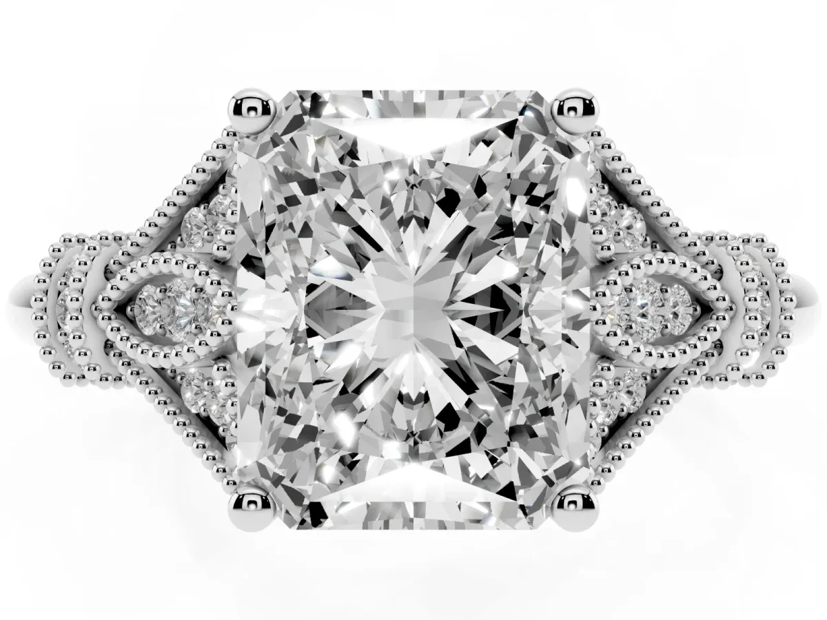 Radiant Cut Diamond Solitaire Ring with Floral Filigree and Pave Accents Platinum
