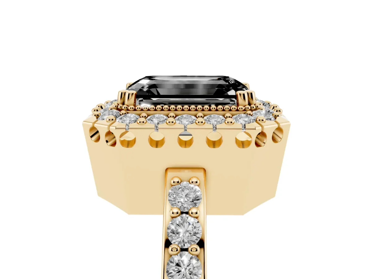 Fancy Black Emerald Cut Diamond Halo Ring with Pavé Band and Prong Setting Yellow gold