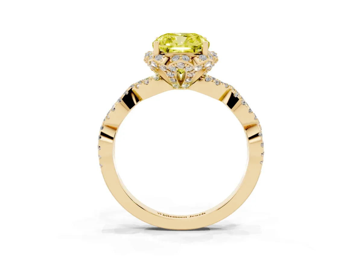 Fancy Yellow Cushion Cut Halo Twist Band Solitaire Ring with Six-Prong Setting Yellow gold
