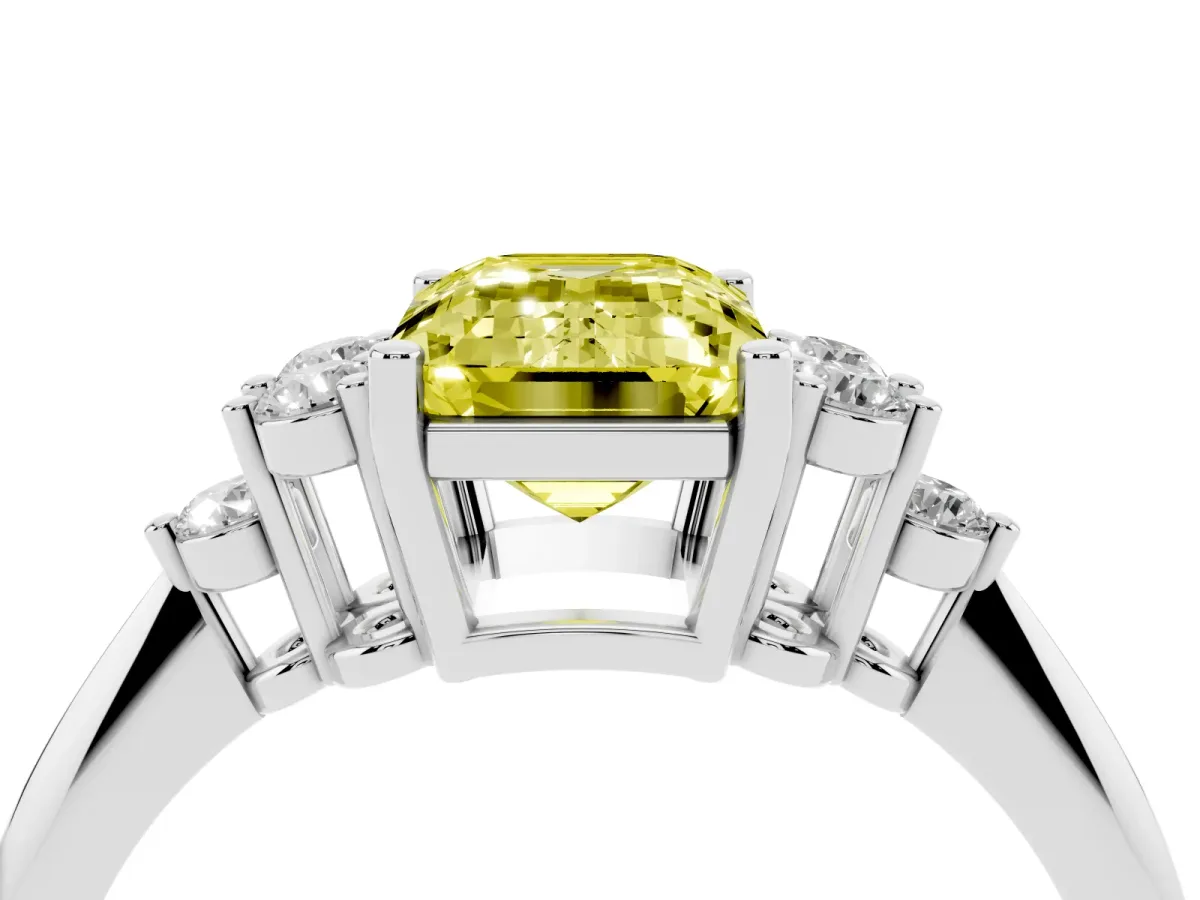 Fancy Yellow Emerald Cut Cut Diamond Cluster Ring with Solitaire Band and Four-Prong Setting Platinum