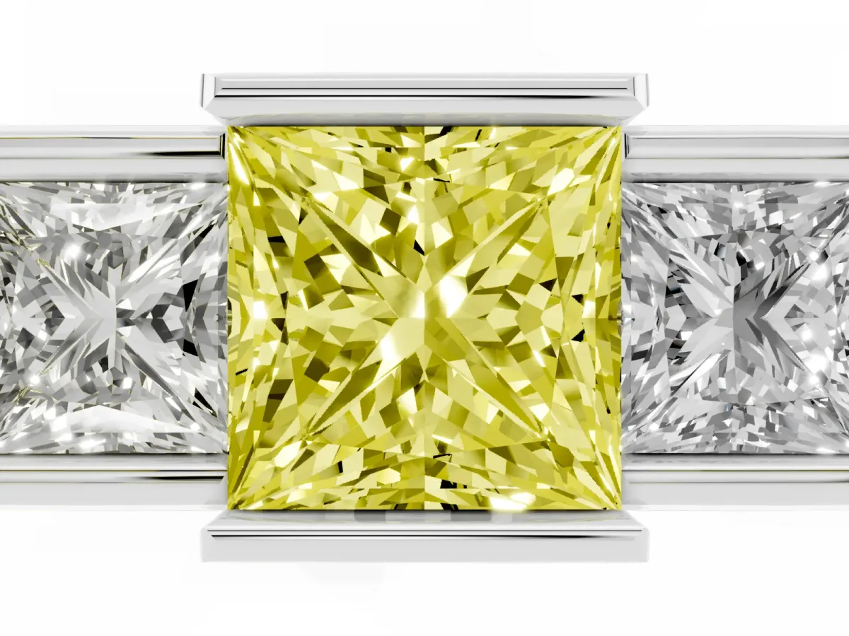 Fancy Yellow Three Stone Princess Cut Cut Channel Set Diamond Ring Silver