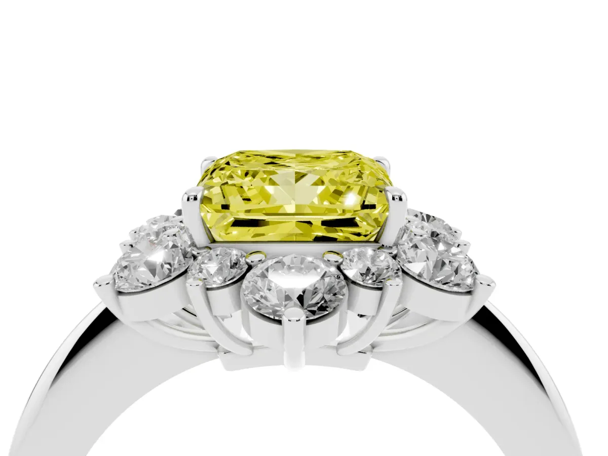 Fancy Yellow Princess Cut Diamond Cluster Halo Ring with Solitaire Band and Four-Prong Setting White gold