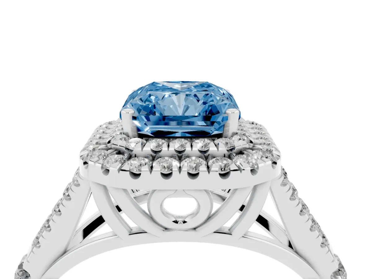Fancy Blue Radiant Cut Diamond Pavé Split Shank Double Halo Engagement Ring Silver
