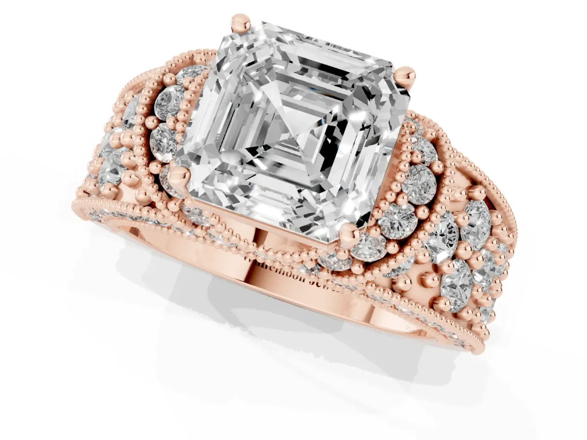 Asscher Cut Halo Pave Diamond Engagement Ring with Milgrain Detailing Rose gold