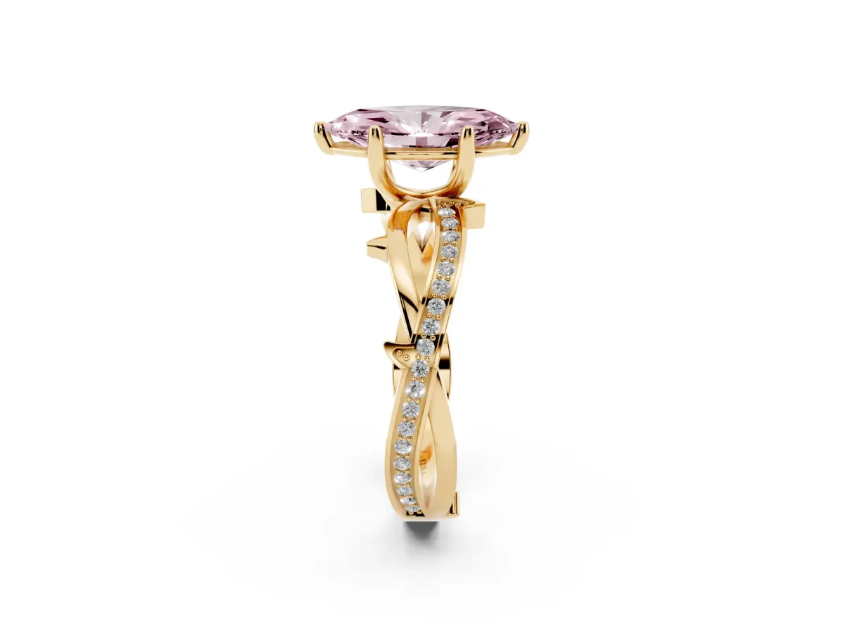 Fancy Pink Marquise Cut Solitaire Twist Band with Pavé Accents and Four-Prong Setting Yellow gold