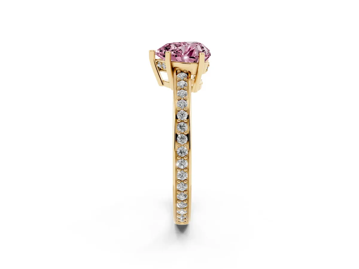 Fancy Pink Heart Cut Solitaire Pavé Band Prong Setting Ring Yellow gold
