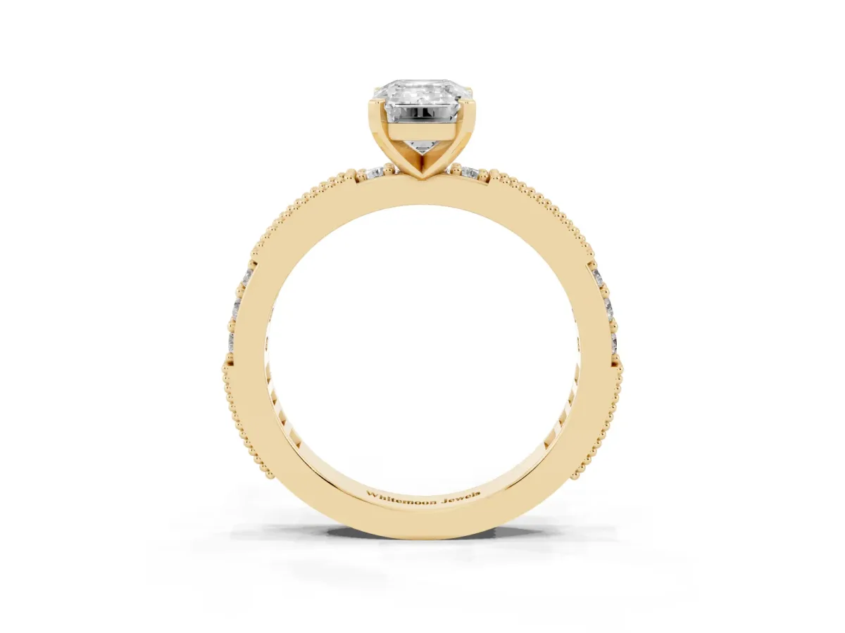 Emerald Cut Solitaire with Pavé Band and Four-Prong Setting Yellow gold