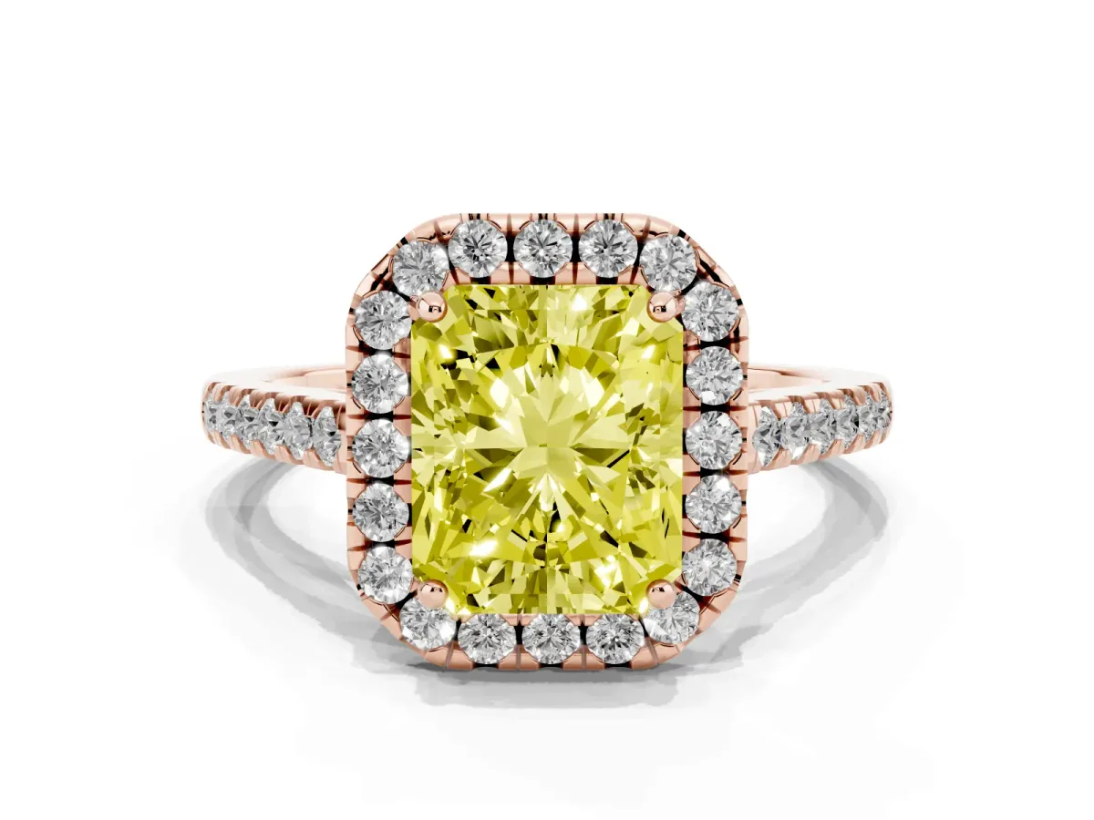 Fancy Yellow Radiant Cut Halo Pavé Diamond Engagement Ring with Four-Prong Setting Rose gold