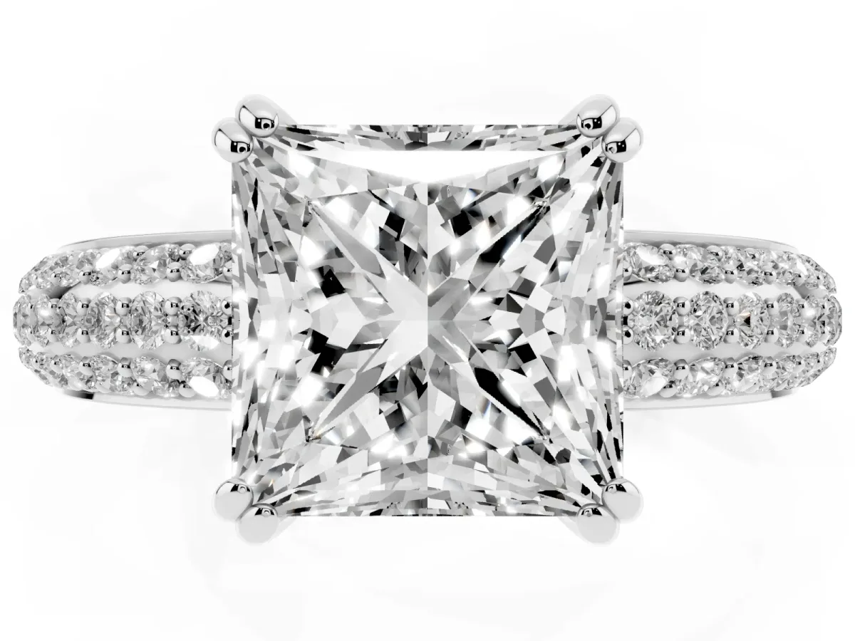 Princess Cut Diamond Solitaire Ring with Multi-Row Round Pavé Band and Prong Setting Silver