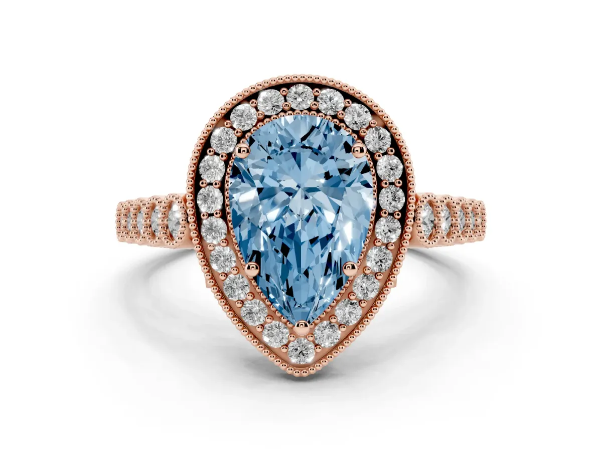 Fancy Blue Pear Cut Halo Twist Band Solitaire Ring with Six-Prong Setting Rose gold