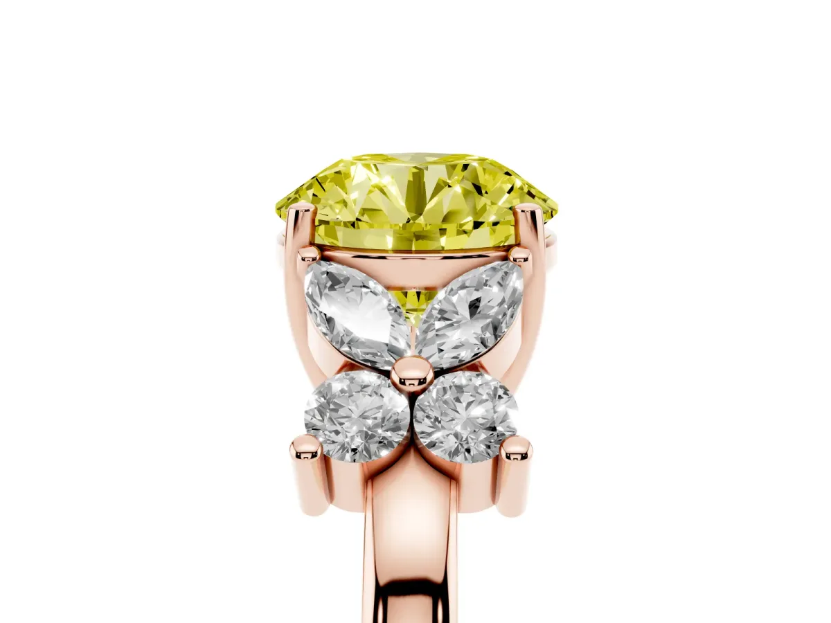 Fancy Yellow Round Cut Diamond Floral Cluster Ring with Solitaire Band and Prong Setting Rose gold