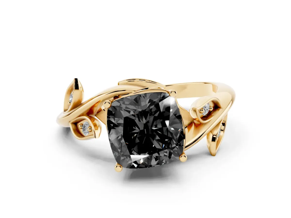 Fancy Black Cushion Cut Solitaire Twist Engagement Ring with Leaf Accents and Prong Setting Yellow gold