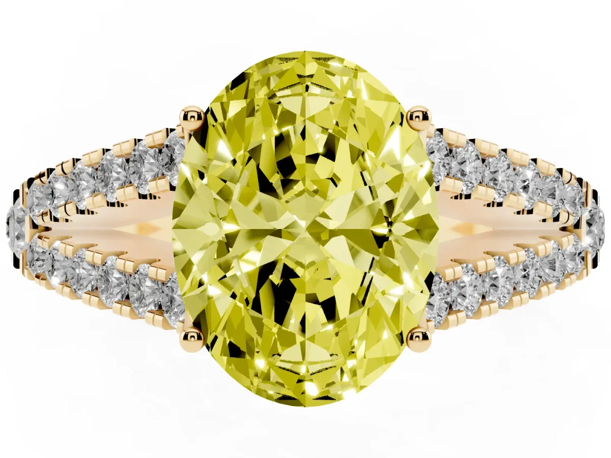 Fancy Yellow Oval Cut Diamond Split Shank Engagement Ring with Round Pavé and Prong Setting Yellow gold