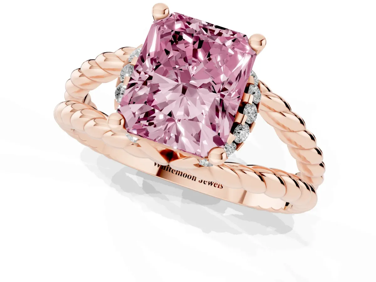 Fancy Pink Radiant Cut Halo Twisted Band Four-Prong Ring Rose gold
