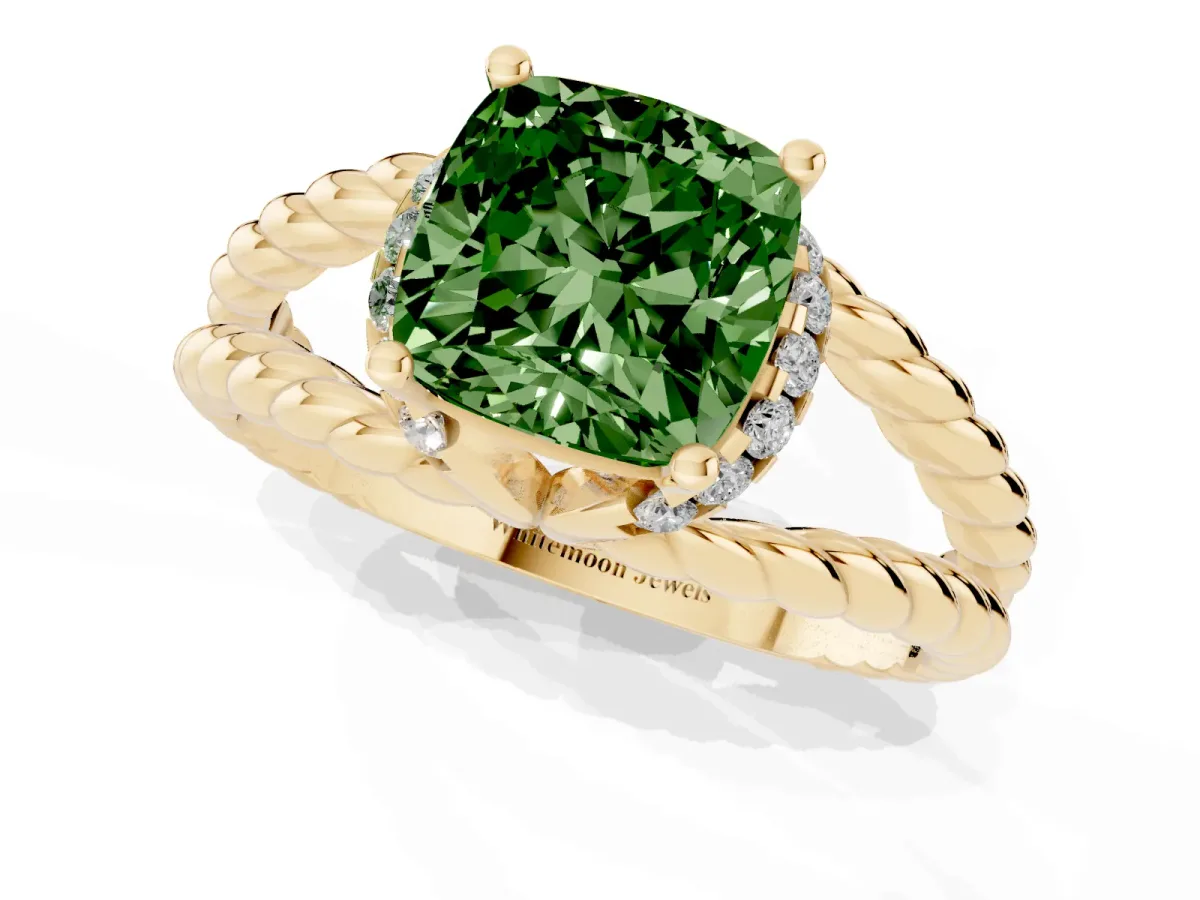Fancy Green Cushion Cut Halo Twisted Band Four-Prong Ring Yellow gold