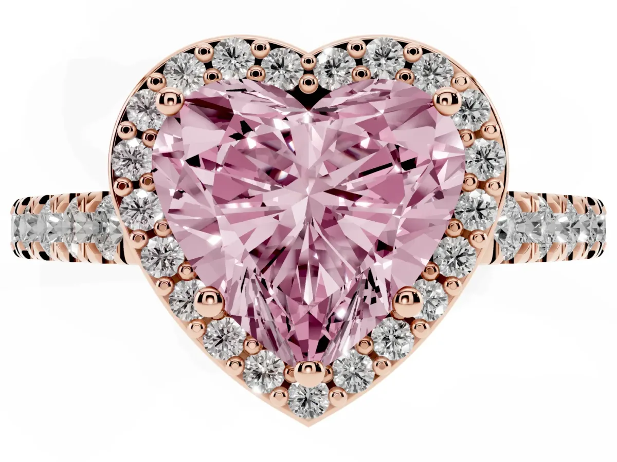 Fancy Pink Heart Cut Cut Halo Diamond Engagement Ring with Pave Band and Four-Prong Setting Rose gold