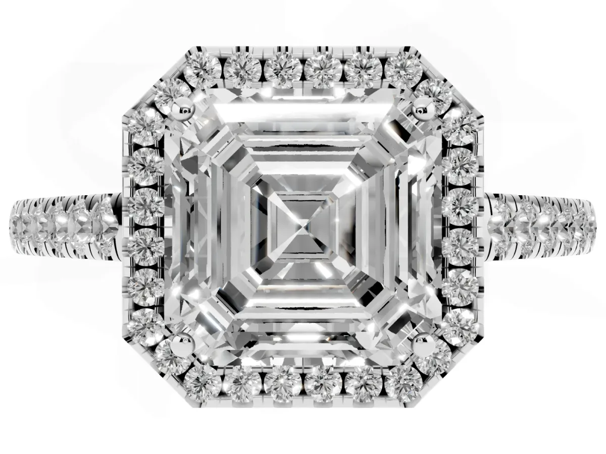 Asscher Cut Halo Pave Diamond Engagement Ring with Four-Prong Setting Silver