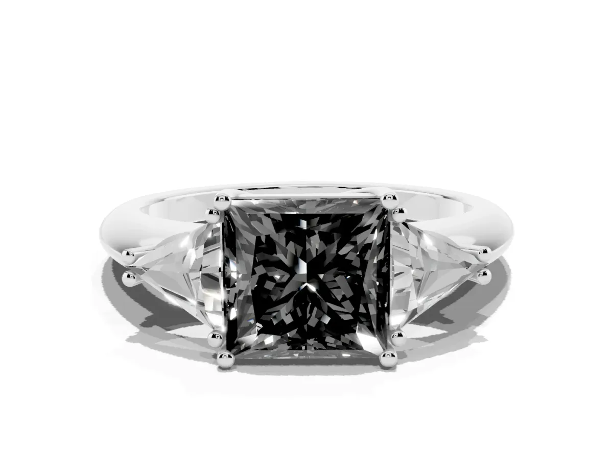 Fancy Black Three-Stone Princess Cut Diamond Engagement Ring with Trillion Side Stones and Prong Setting Silver