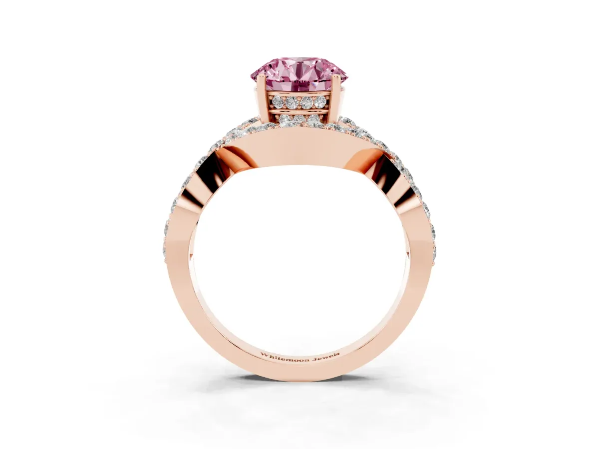 Fancy Pink Round Cut Solitaire Twist Band Pavé Diamond Engagement Ring Rose gold