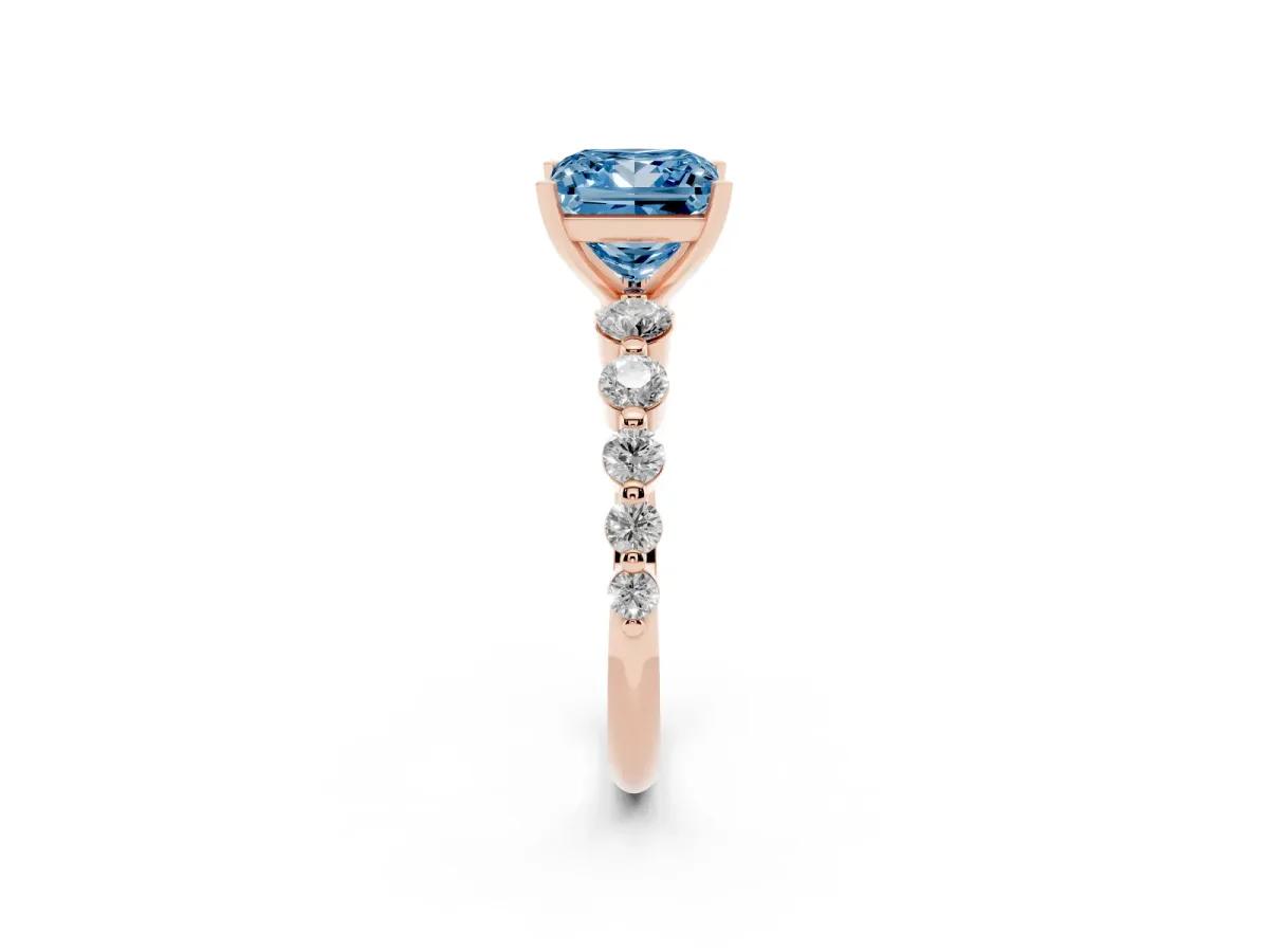 Fancy Blue Princess Cut Solitaire Diamond Ring with Pave Band and Four-Prong Setting Rose gold