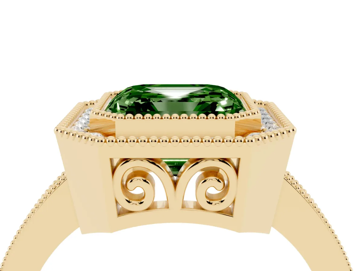 Fancy Green Asscher Cut Cut Halo Diamond Ring with Pavé Band and Milgrain Prong Setting Yellow gold