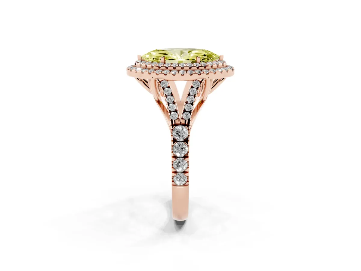 Fancy Yellow Marquise Cut Cut Double Halo Split Shank Diamond Ring with Prong Setting Rose gold