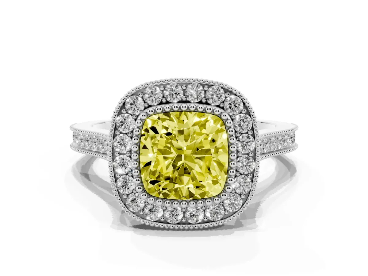 Fancy Yellow Cushion Cut Diamond Halo Ring with Milgrain Frame and Pavé Band White gold