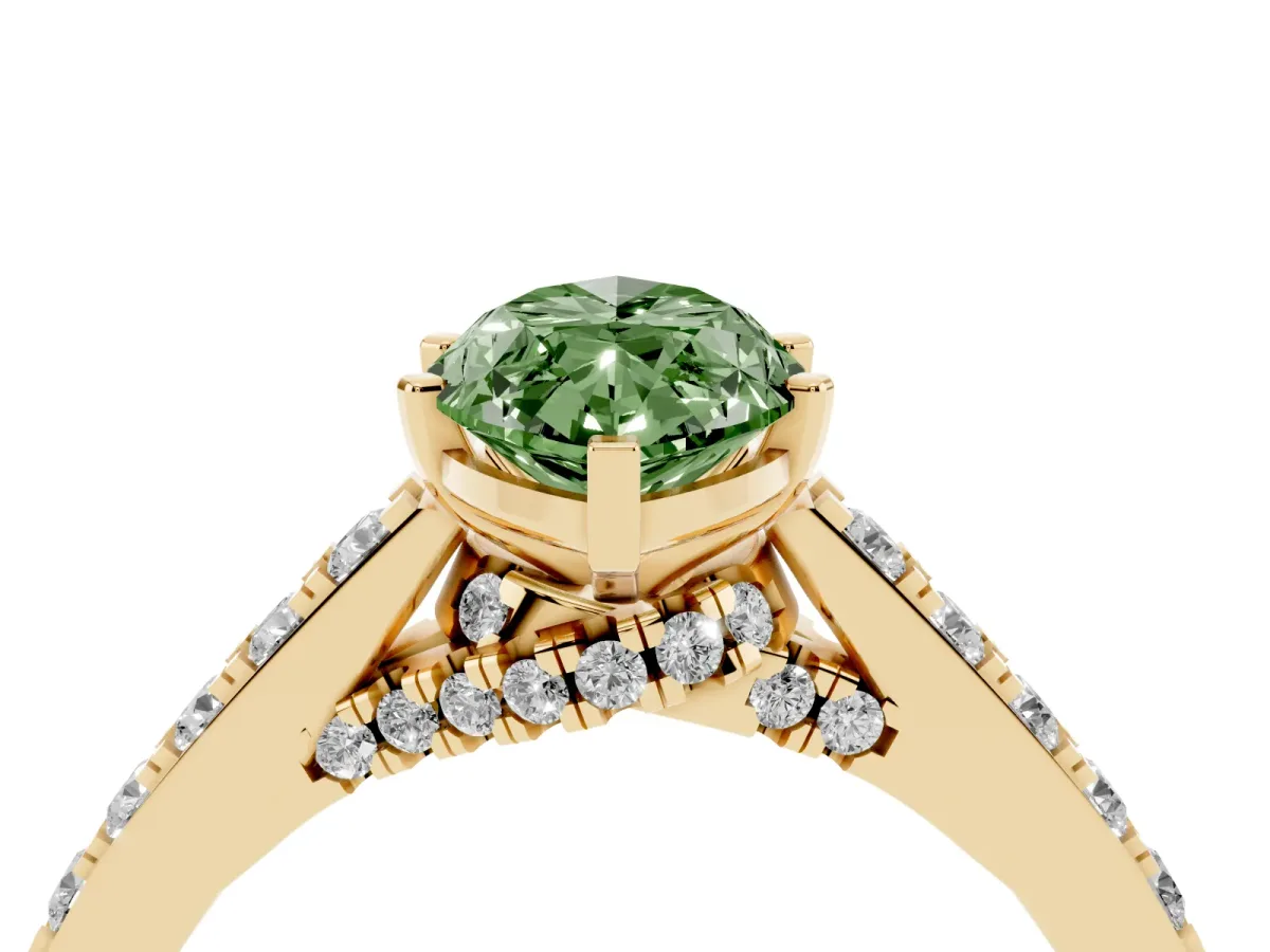 Fancy Green Marquise Cut Diamond Solitaire Ring with Crossover Gallery and Round Pavé Band Yellow gold