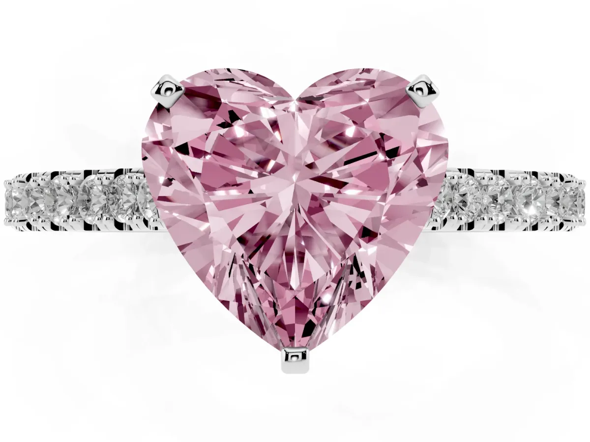 Fancy Pink Heart Cut Cut Solitaire Diamond Engagement Ring with Pave Band and Four-Prong Setting Platinum
