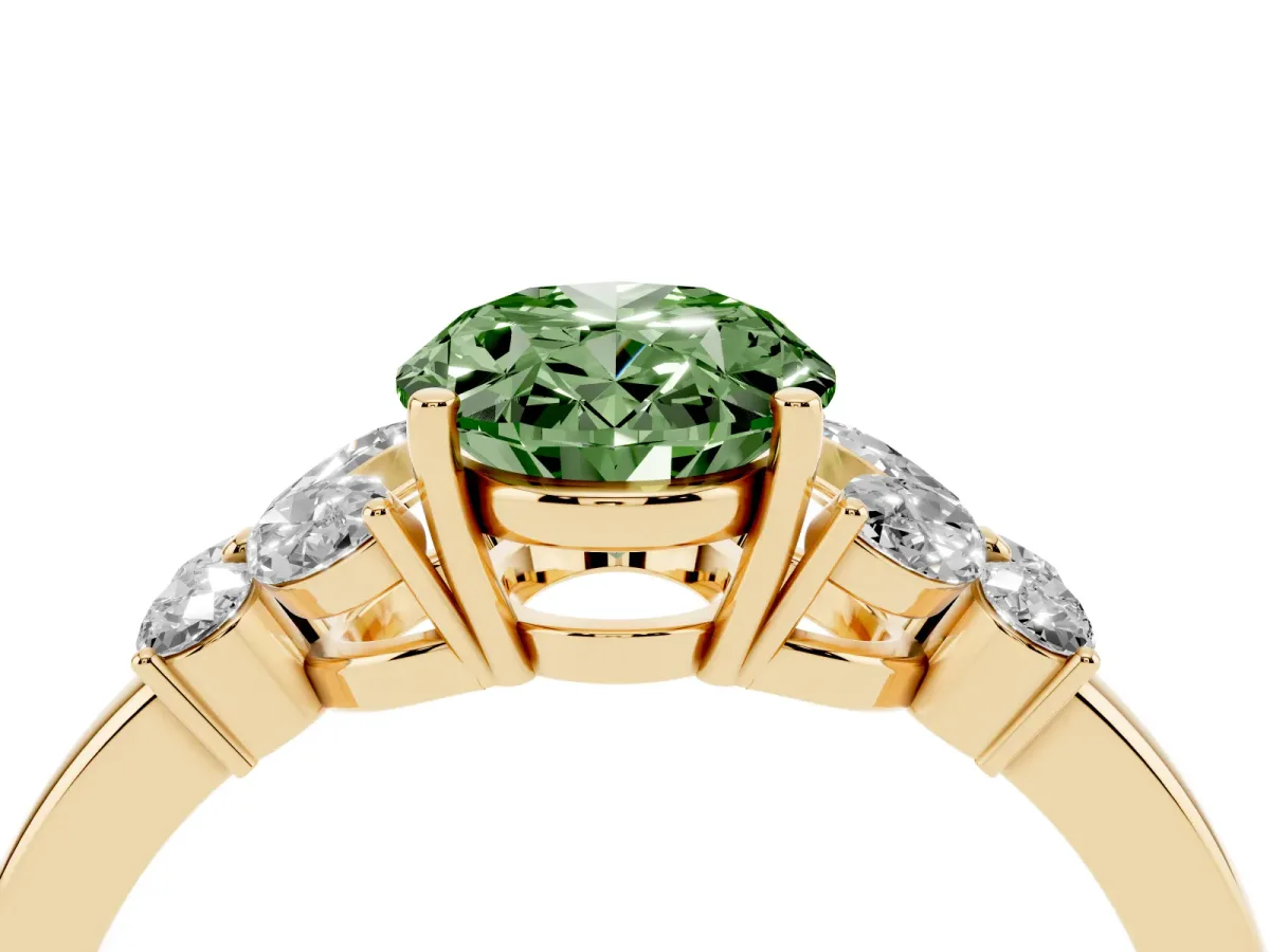 Fancy Green Oval Cut Cut Solitaire Floral Diamond Ring with Four-Prong Setting Yellow gold