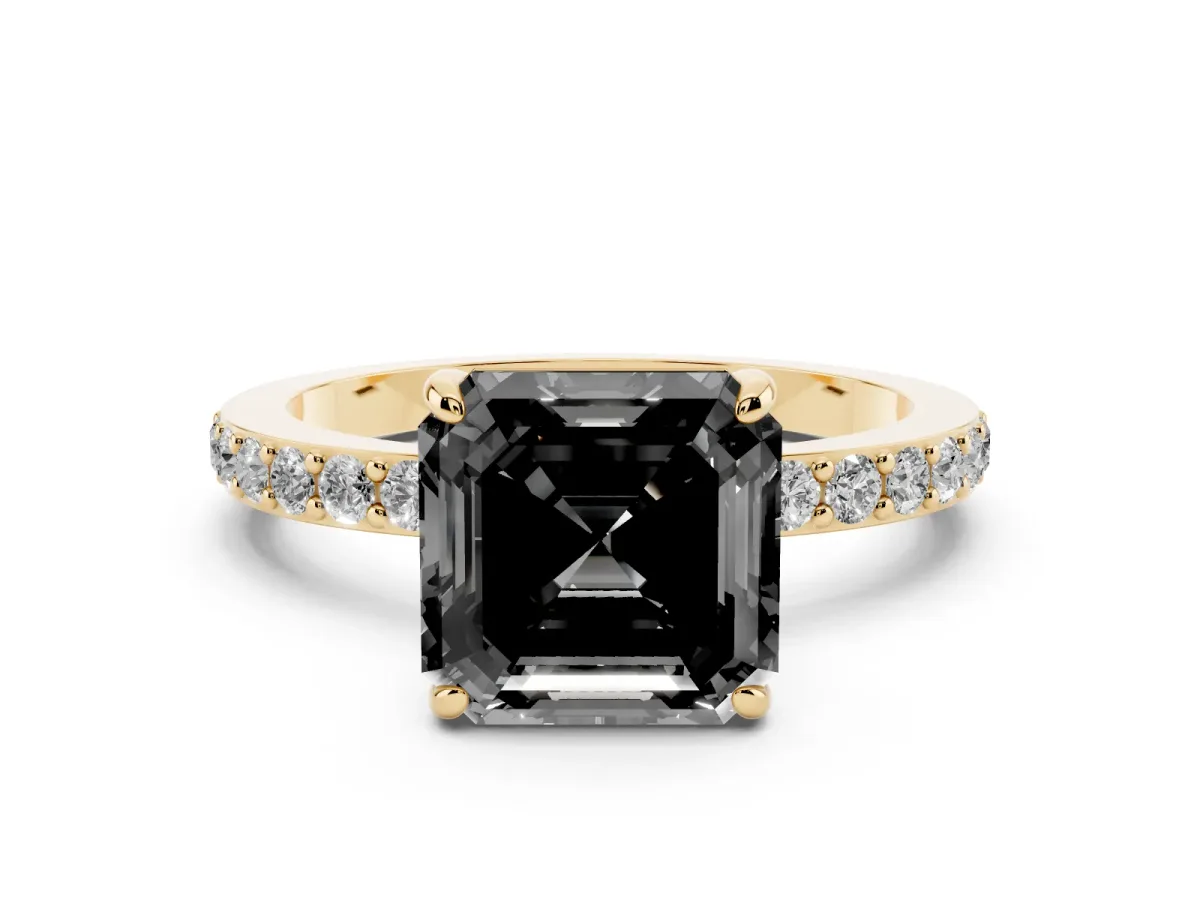 Fancy Black Asscher Cut Diamond Solitaire Engagement Ring with Pavé Band and Four-Prong Setting Yellow gold