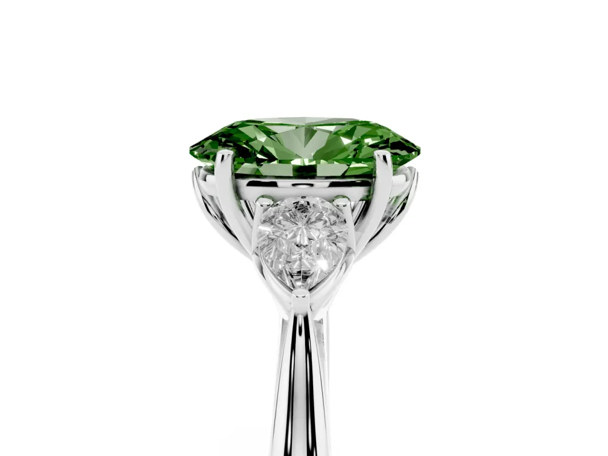 Fancy Green Three-Stone Oval Cut Brilliant Diamond Solitaire Ring with Tapered Band and Four-Prong Setting White gold