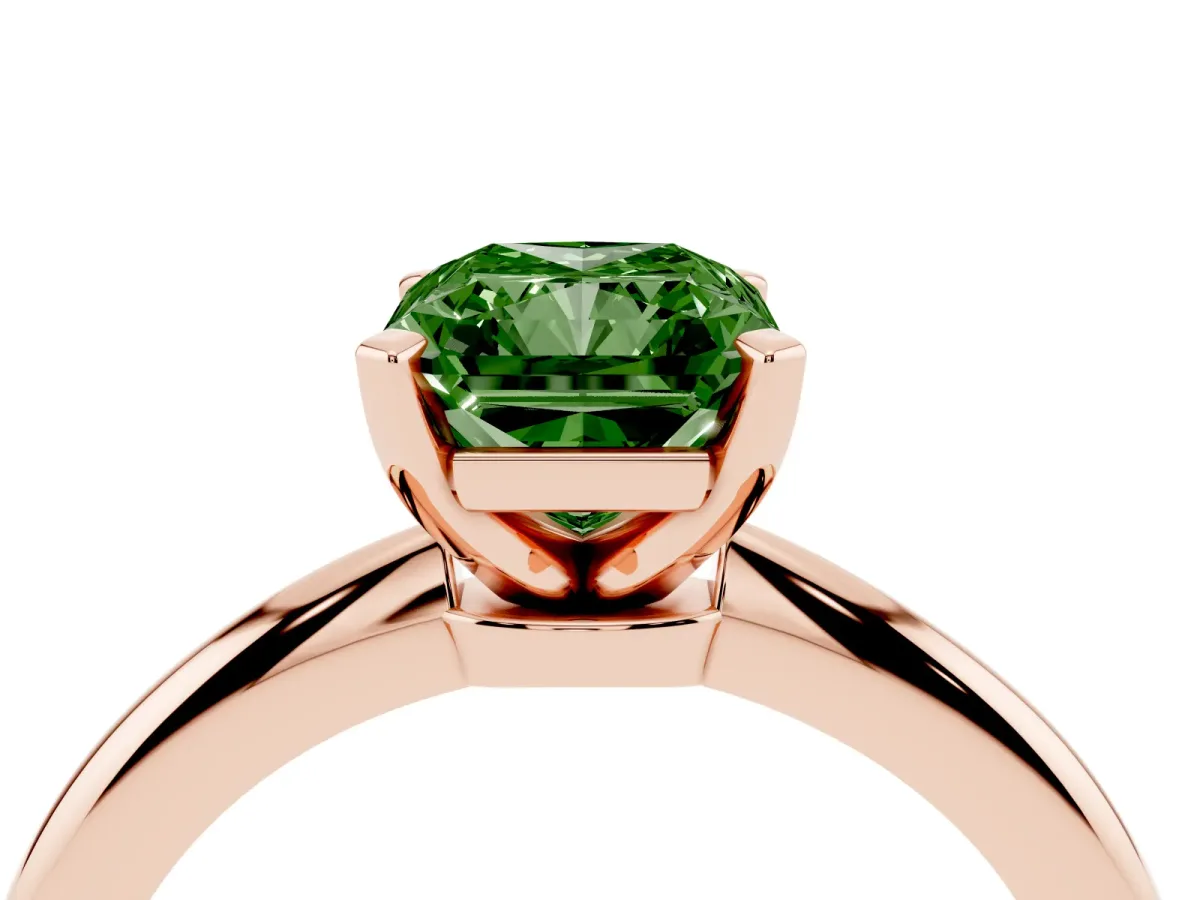 Fancy Green Radiant Cut Diamond Solitaire Ring with Prong Setting and Classic Band Rose gold