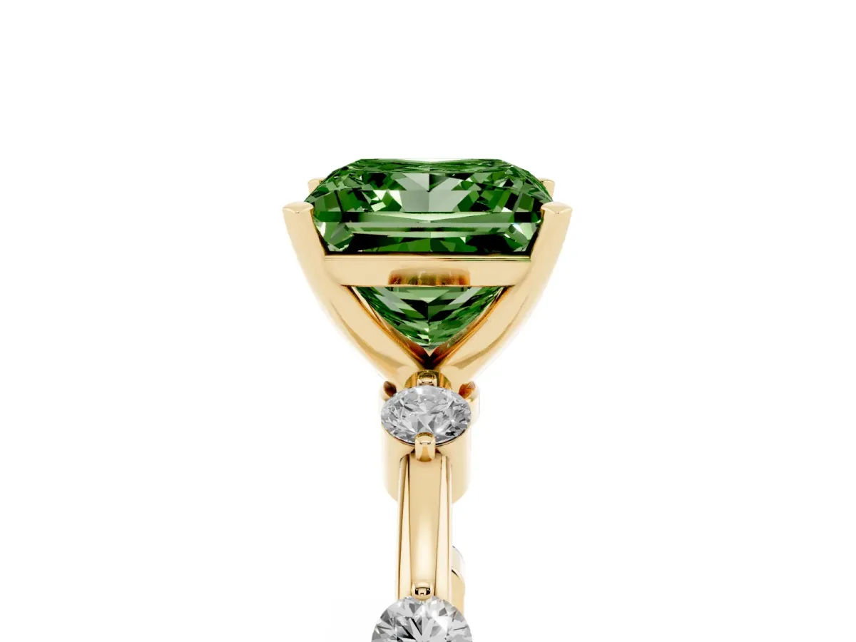 Fancy Green Princess Cut Solitaire Diamond Ring with Bezel Set Side Stones and Prong Setting Yellow gold