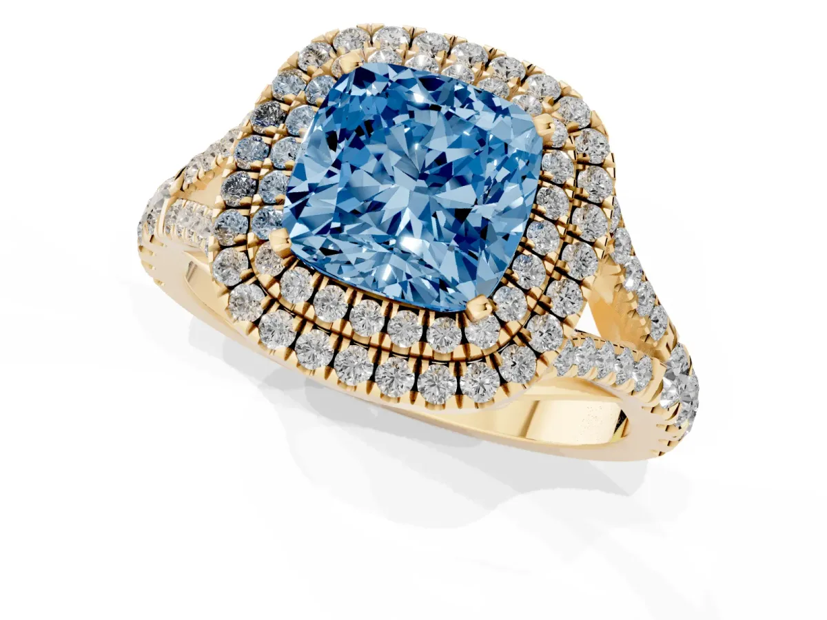 Fancy Blue Cushion Cut Diamond Pavé Split Shank Double Halo Engagement Ring Yellow gold