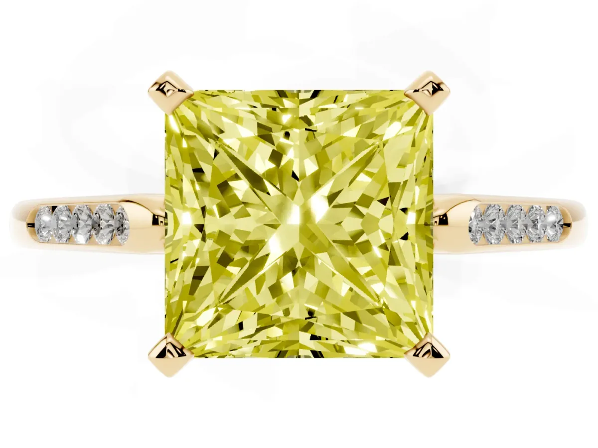 Fancy Yellow Princess Cut Diamond Solitaire Ring with Channel Set Round Band and Prong Setting Yellow gold