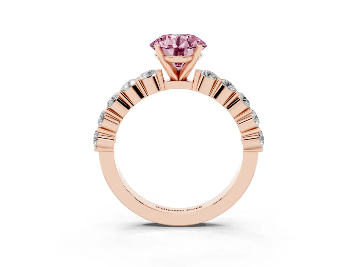 Fancy Pink Round Cut Diamond Solitaire Ring with Shared Prong Round Side Stones Rose gold